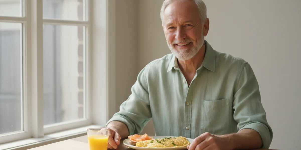 homme, actif et souriant, assis à une table en bois clair 