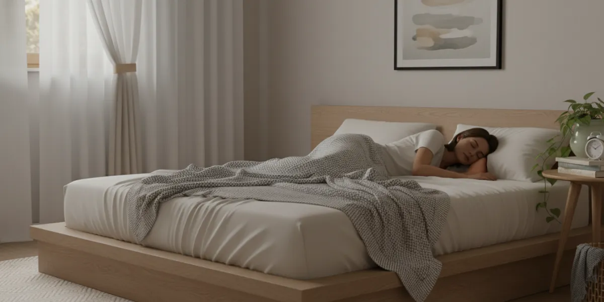 Plan large d'ambiance capturant une chambre minimaliste et sereine, baignée par la lumière du soir. 