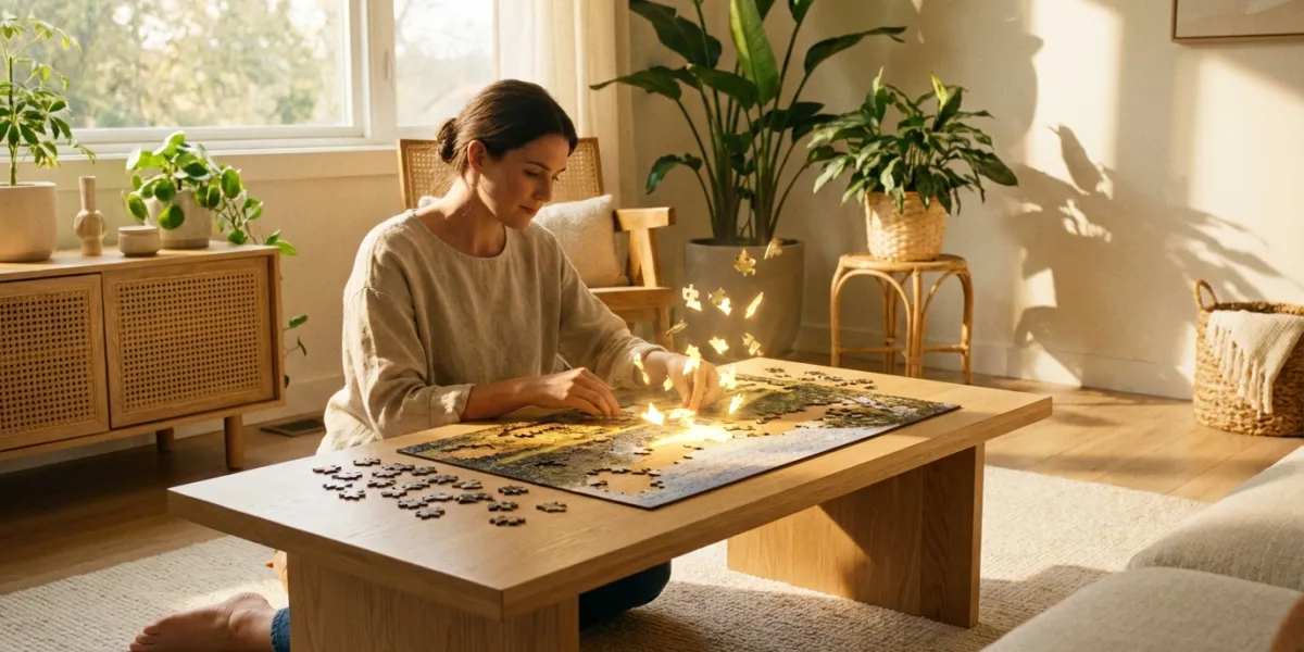 femme assise dans un salon assemblant un puzzle