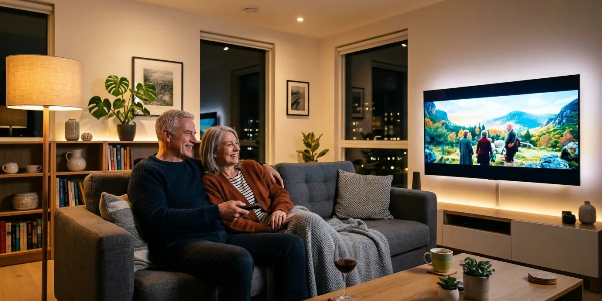 Homme et femme installés dans leur canapé devant la télévision