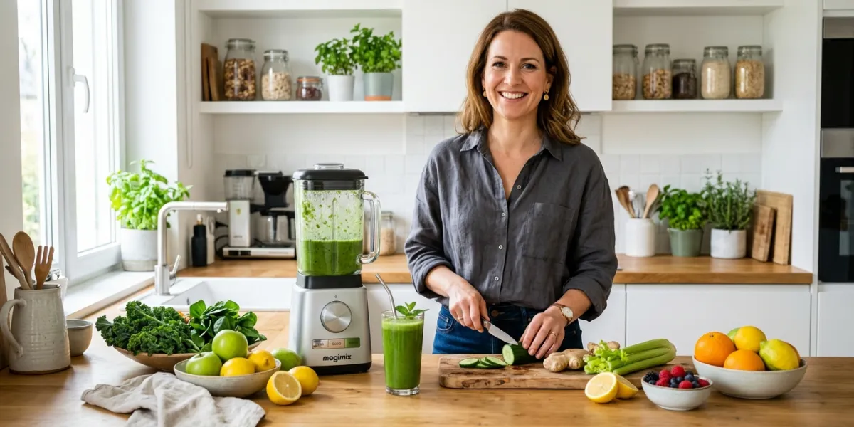 Femme préparant des jus dans sa cuisine
