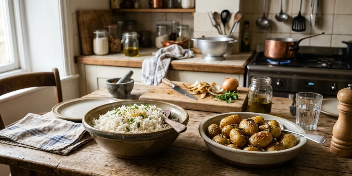 riz et pommes de terre sur une table de cuisine