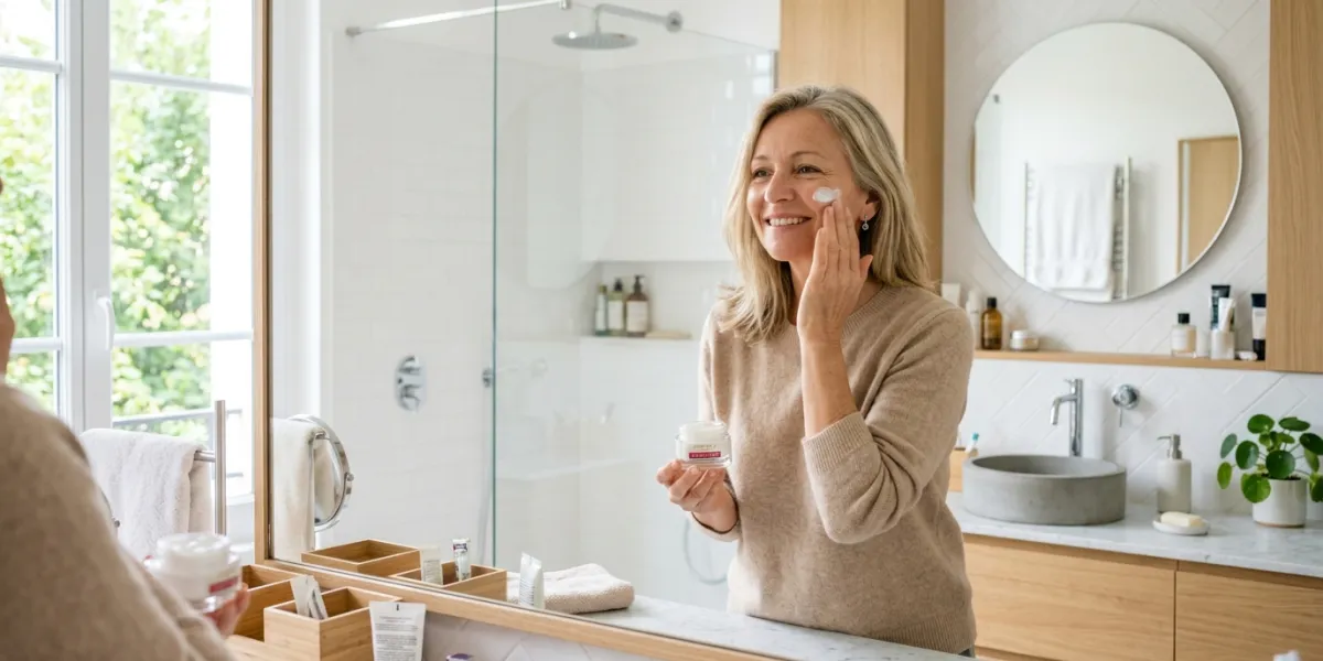 femme dans sa salle de bain qui s'applique de la crème sur le visage