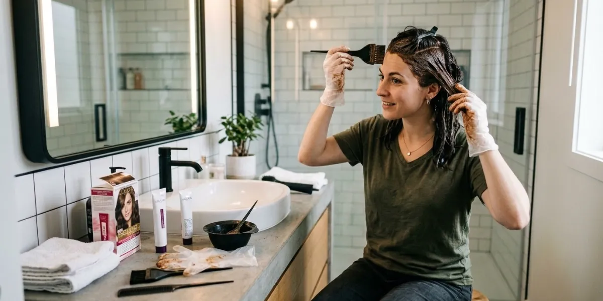 photo  d'une femme qui se teint les cheveux