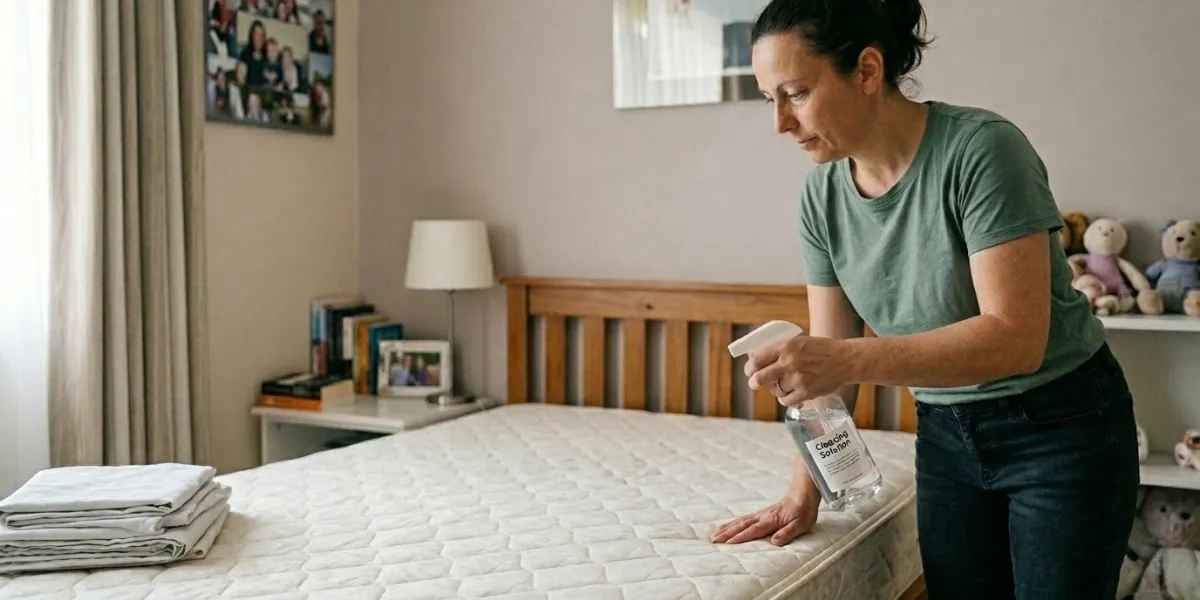 femmes vaporisant un spray désinfectant sur le matelas