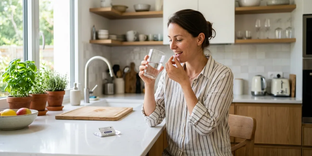  femme qui prend un comprimé avec un verre d'eau
