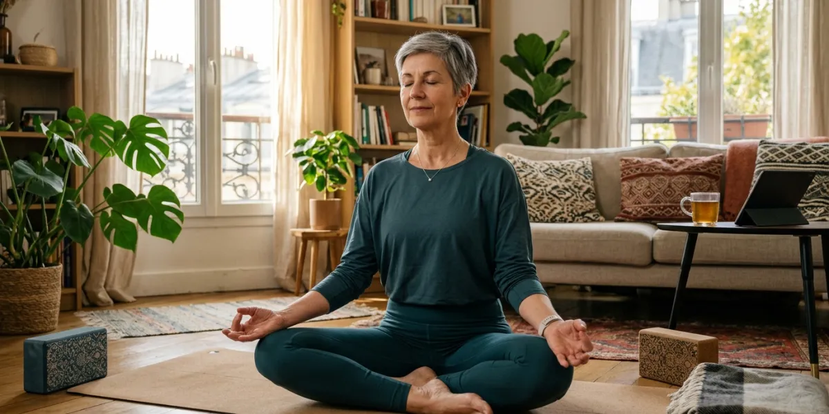 femme pratiquant le yoga chez elle