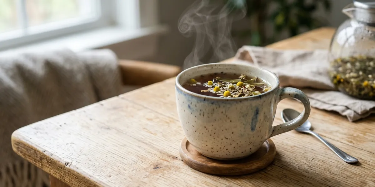 tasse de tisane fumante posée sur une table