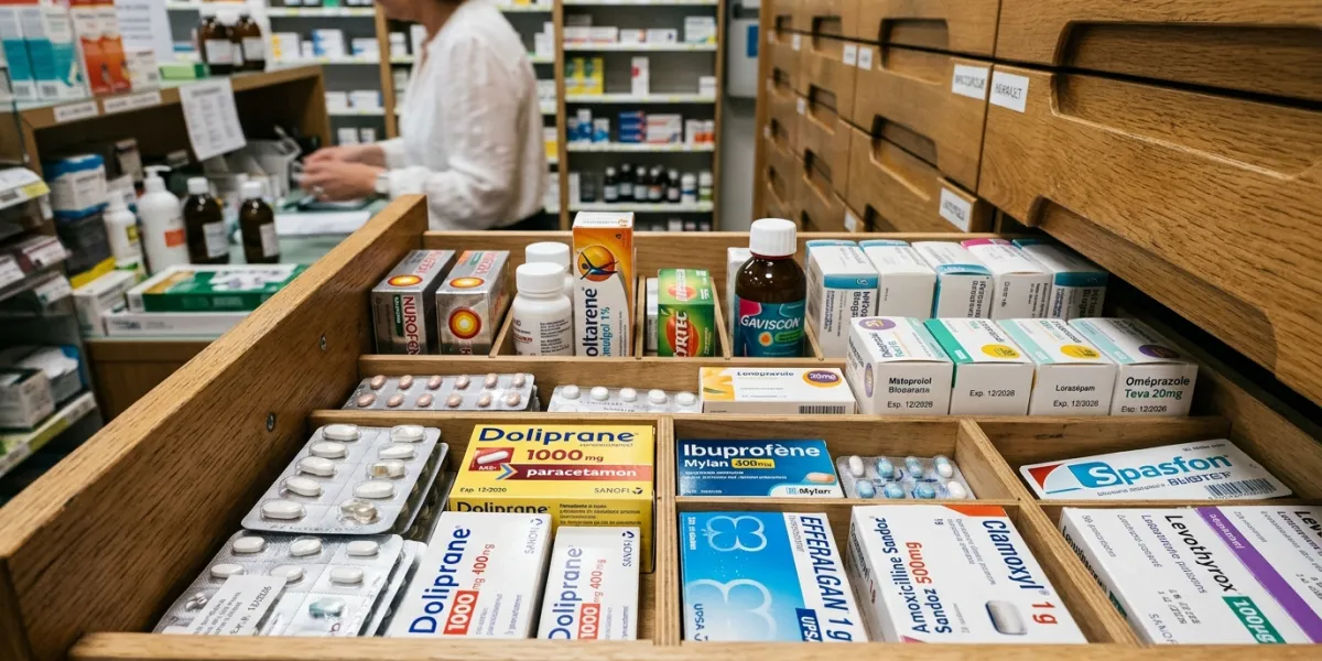 photo réaliste d'un tiroir à pharmacie contenant des médicaments