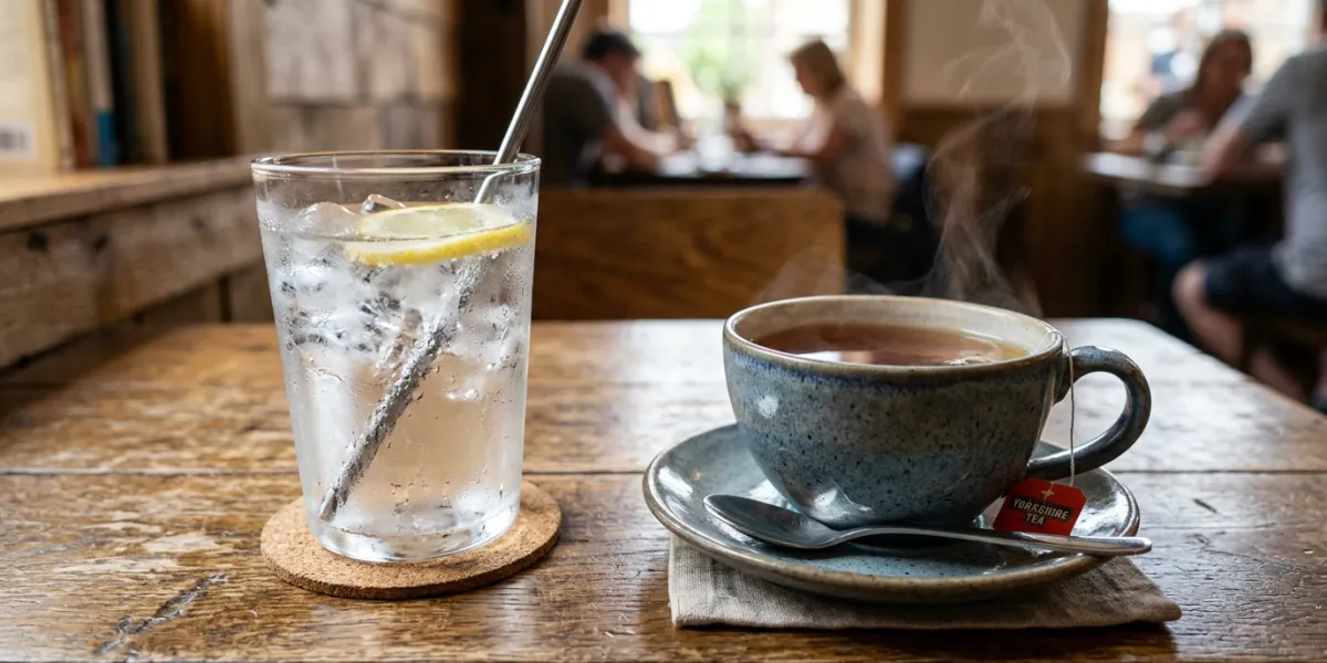 verre d'eau glacée et tasse de thé chaud
