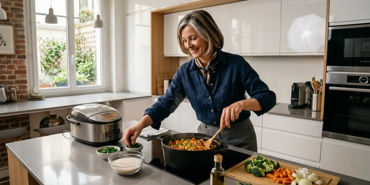 femme dans un cuisine en train de préparer du riz