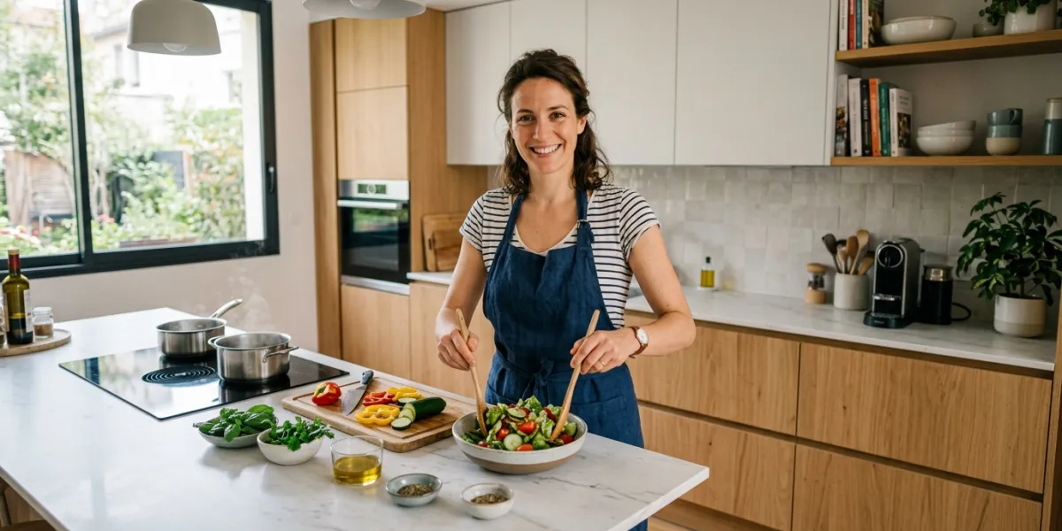 femme  dans sa cuisineen train de préparer à manger