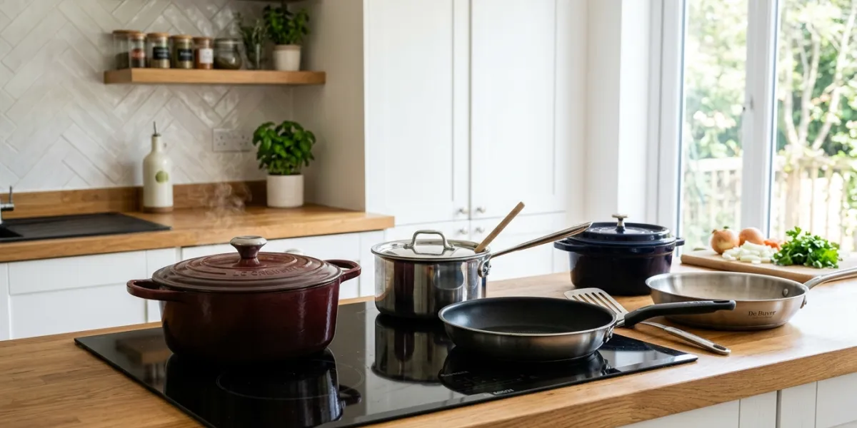 poêles, cocottes et casseroles disposées sur une plaque de cuisson