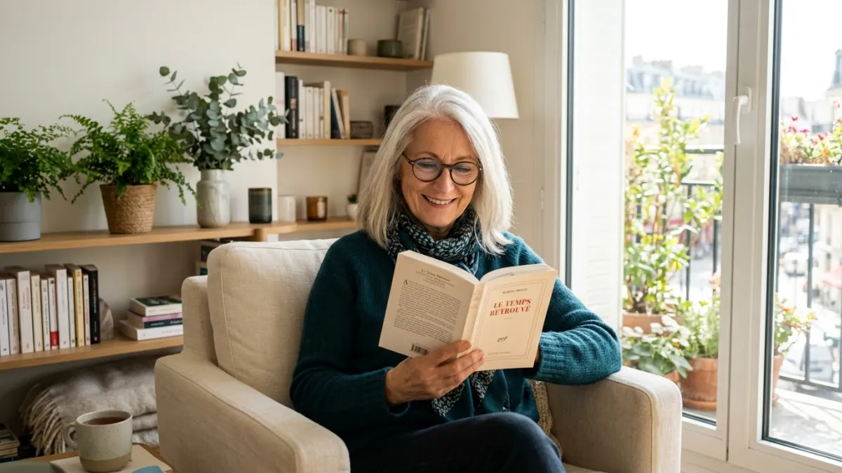 photo réaliste moderne et lumineuse d'une femme de 60 ans environ qui lit