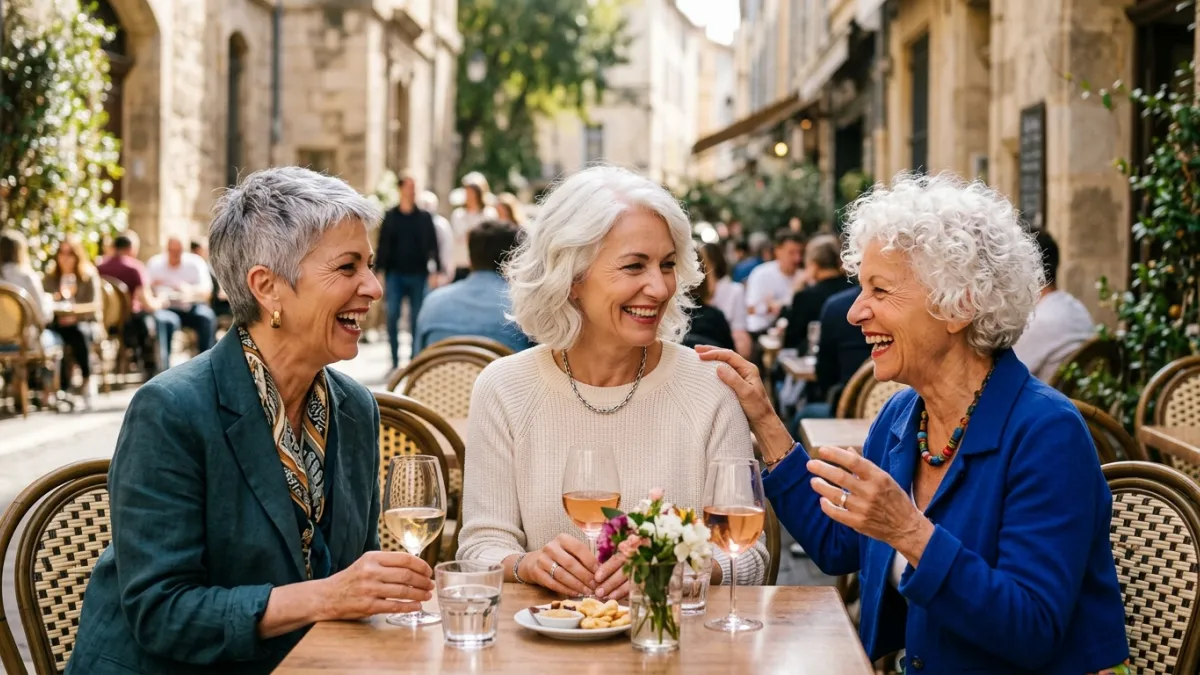 trois femmes heureuses ensemble en terrasse