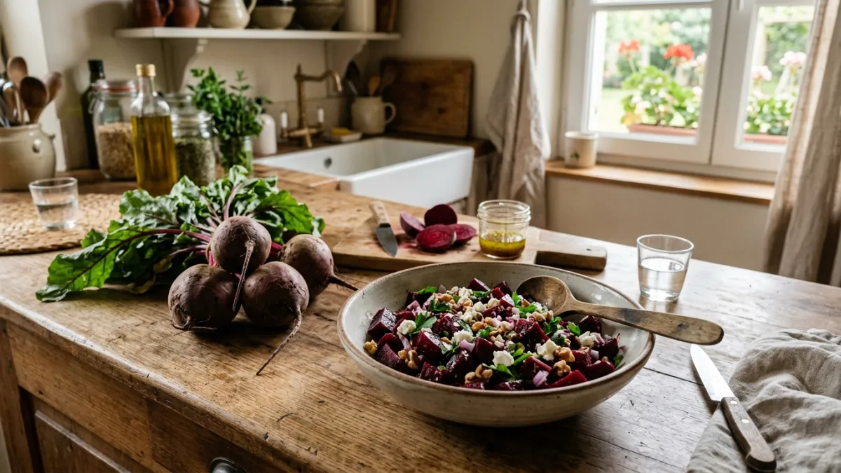 Betteraves entières et en salade sur une table de cuisine.