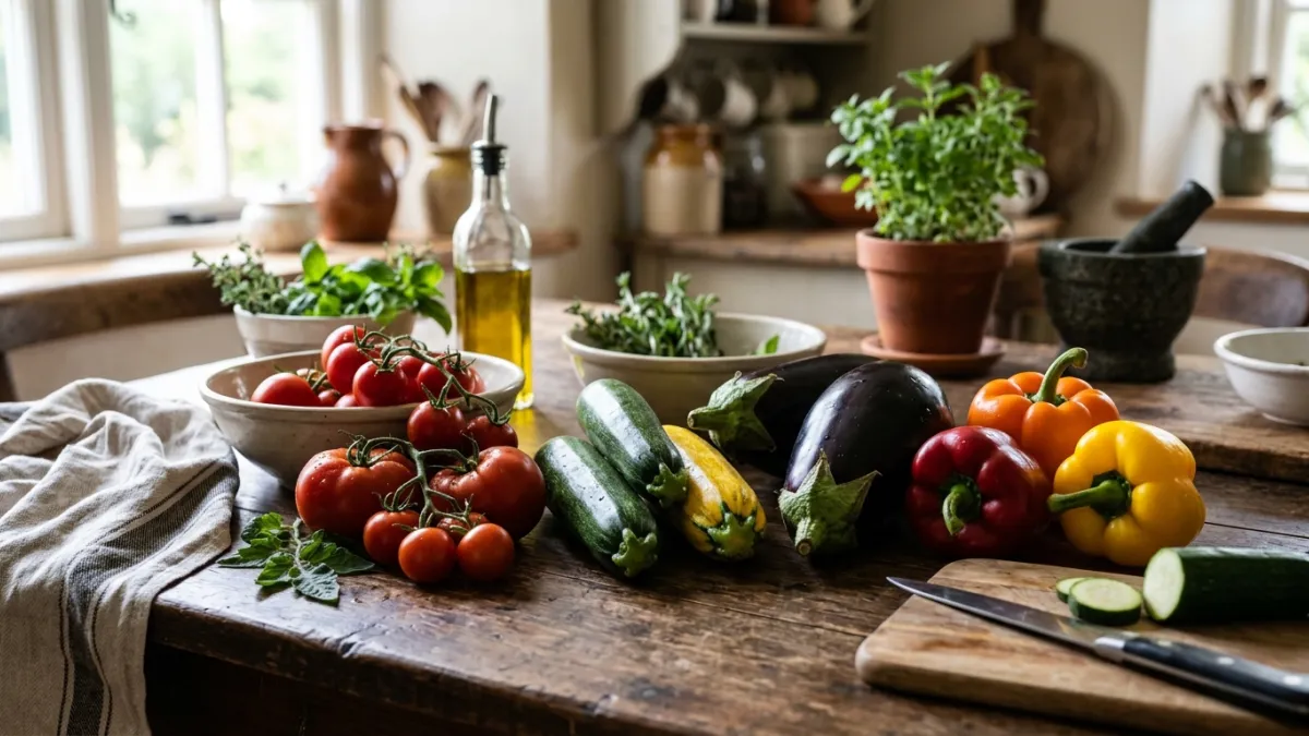 Courgettes, tomates, aubergines et poivrons sur une table de cuisine.