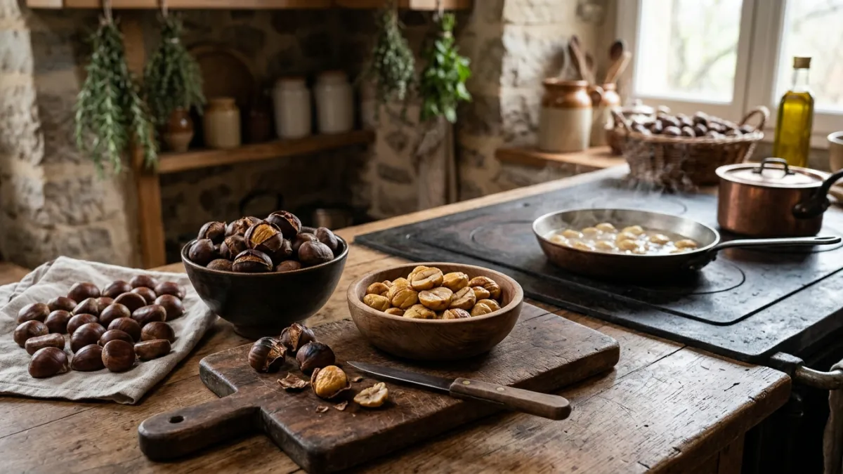 Châtaignes entières et cuites sur une table de cuisine en bois.