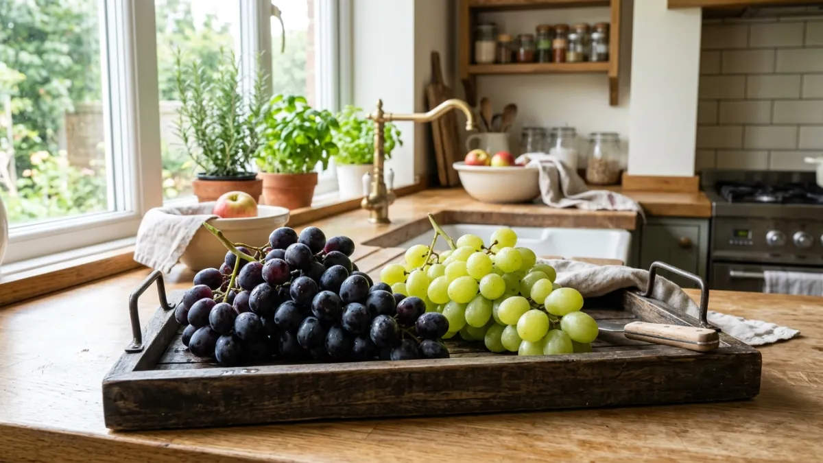 plateau contenant du raisin noir et du raisin blanc