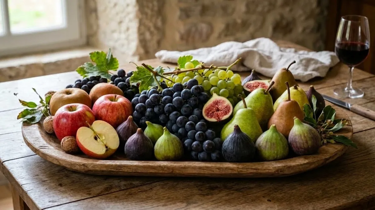 Plateau de fruits de saison avec raisins, pommes, poires et figues.