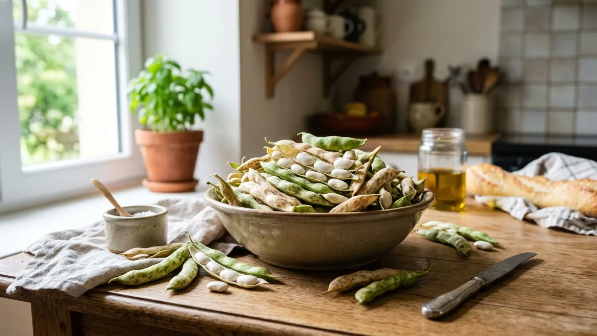 Haricots coco de Paimpol sur une table de cuisine lumineuse.