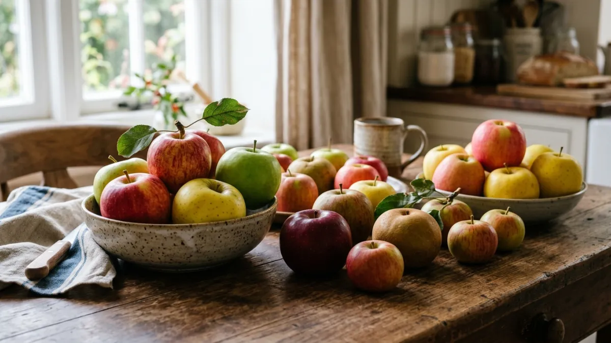 pommes colorées disposées sur une table de cuisine