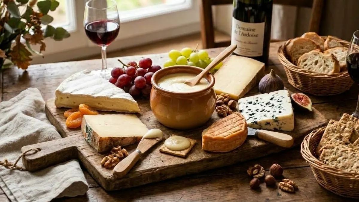 Un plateau de fromages sur une table en bois