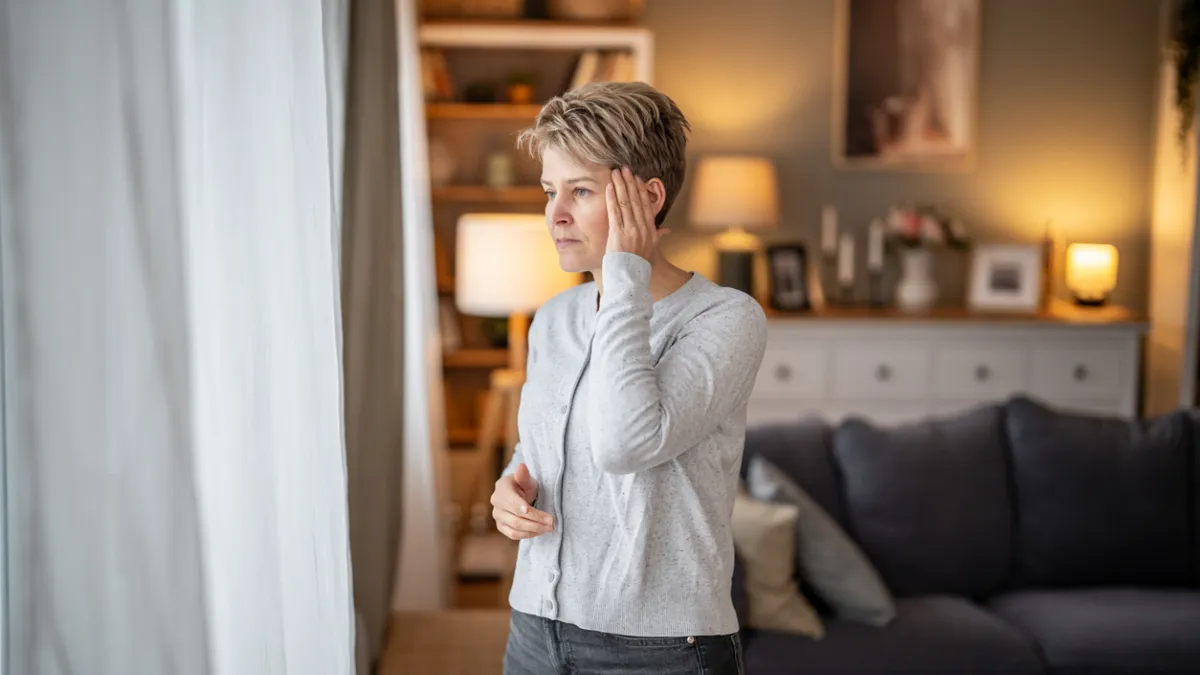 femme dans son salon qui se touche la tête