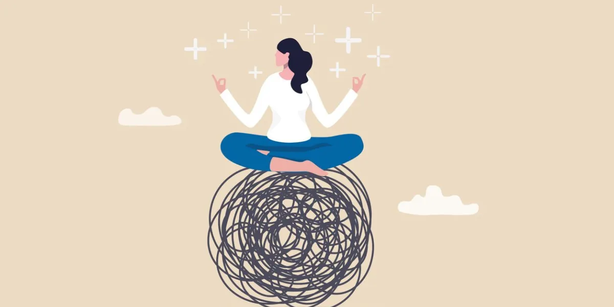 stress management, meditation or relaxation to reduce anxiety, control emotion during problem solving or frustration work concept, woman in lotus meditation on chaos mess line with positive energy