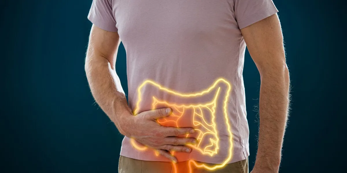 the man holding his stomach in pain male body with a picture of a digestive system and intestines with inflammation medical concept