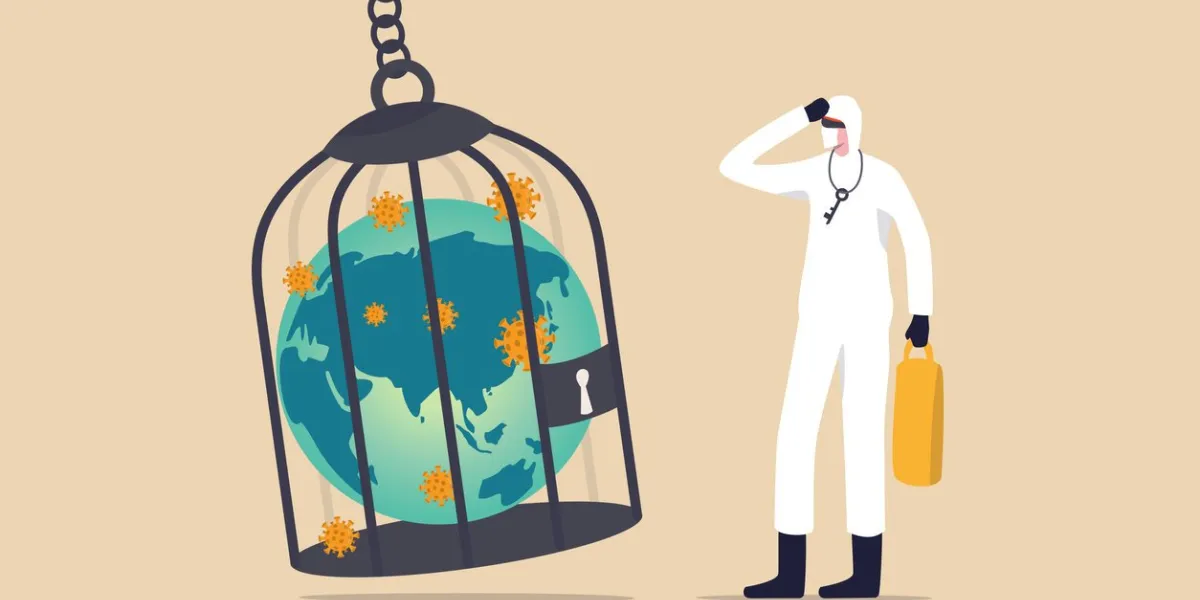 coronavirus covid-19 lockdown or quarantine, restricted access to country combat with covid-19 virus outbreak, medical worker full protective gear with key after locked sick earth planet in cage