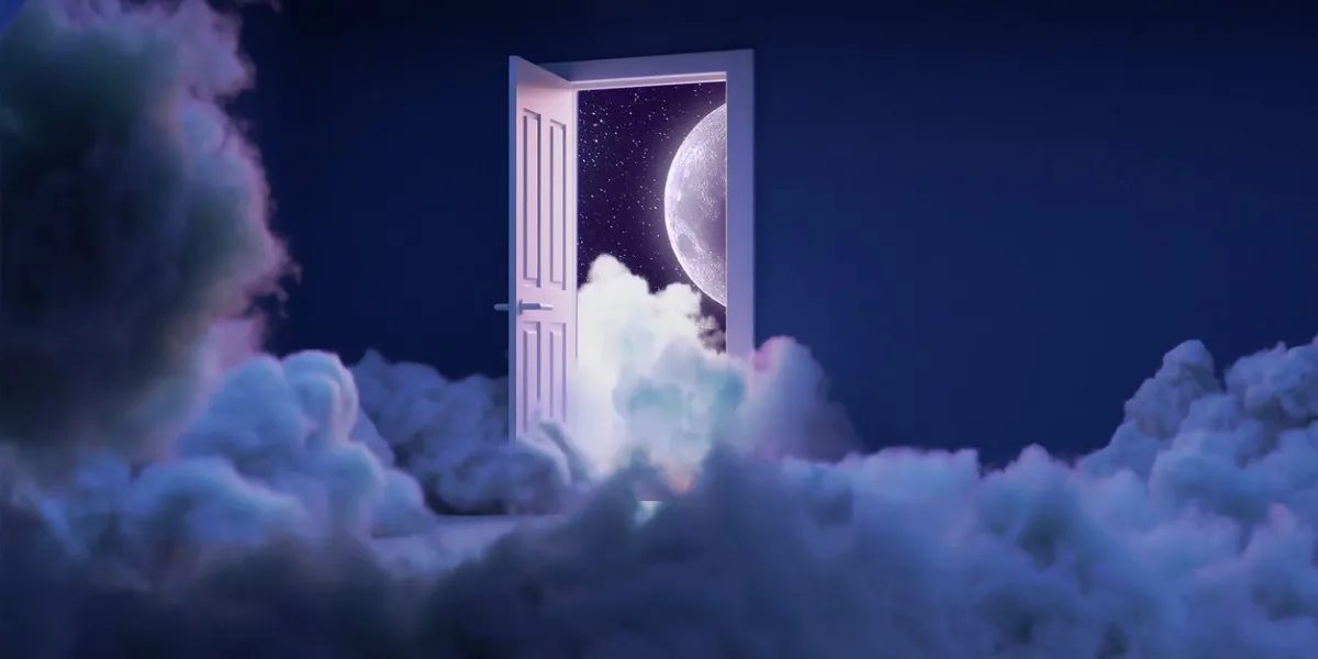 room full of clouds surreal dream 3d rendering moon