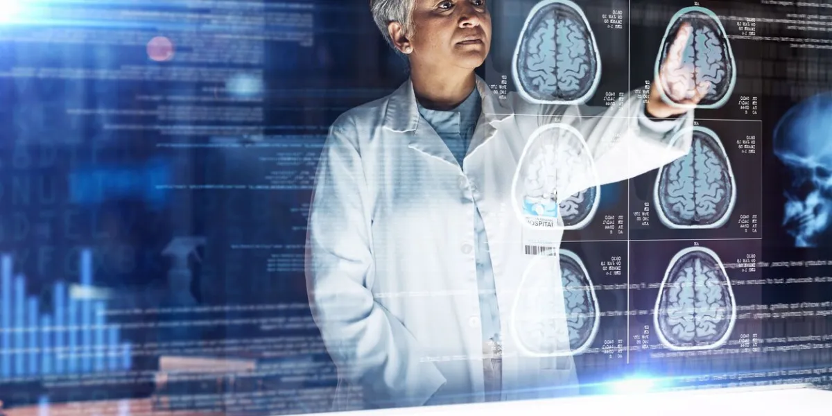 doctor, hospital and futuristic brain mri in cancer, xray or mental health neurology in night medical abstract, hologram and 3d thinking organ in healthcare scan, surgery planning or woman analytics