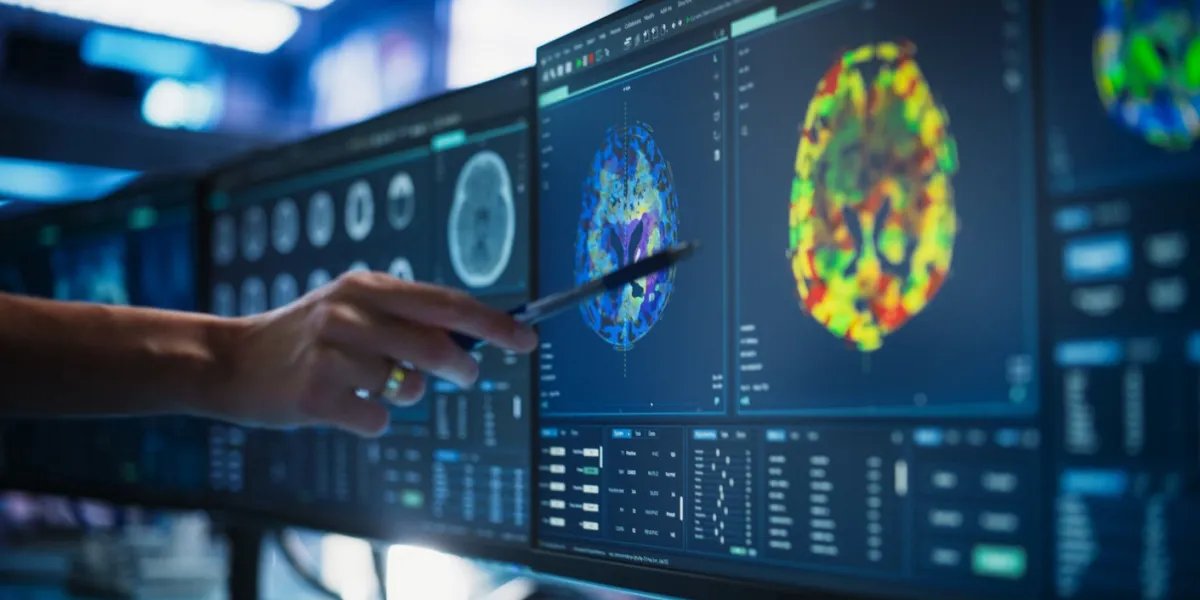 modern medical research center  anonymous doctor pointing at desktop computer monitor with ct scan of patient's spinal cord specialist looking for tumors or damage, looking for treatment methods