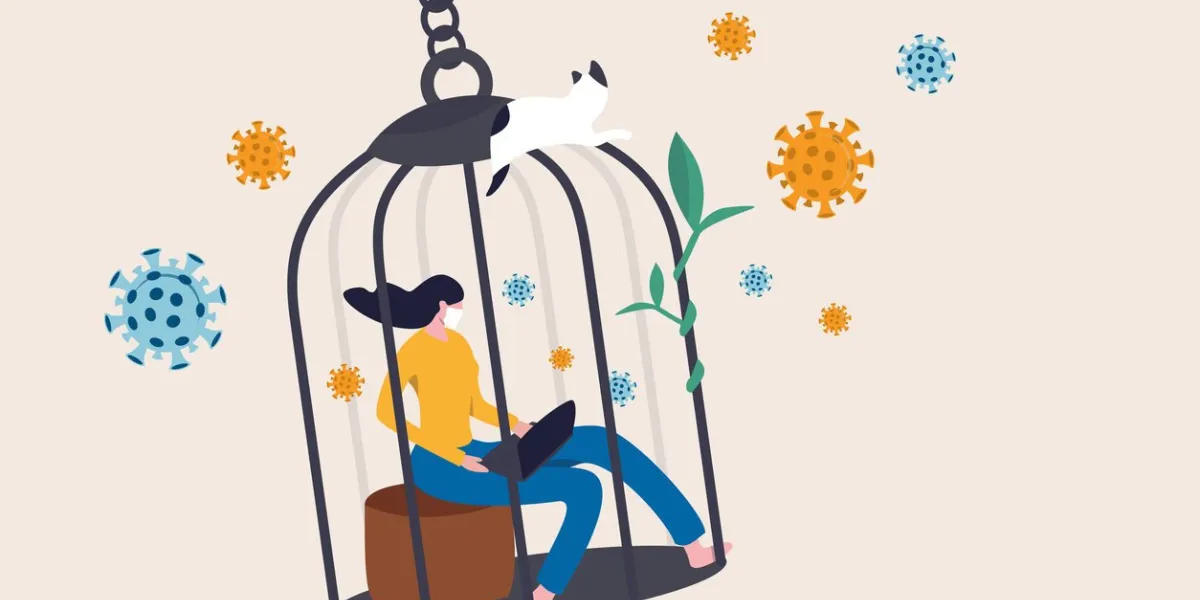 social distancing, self quarantine and isolation for traveller or person having symptoms on covid-19 coronavirus flu concept, woman working at home in bird cage pathogens as covid-19 virus pandemic