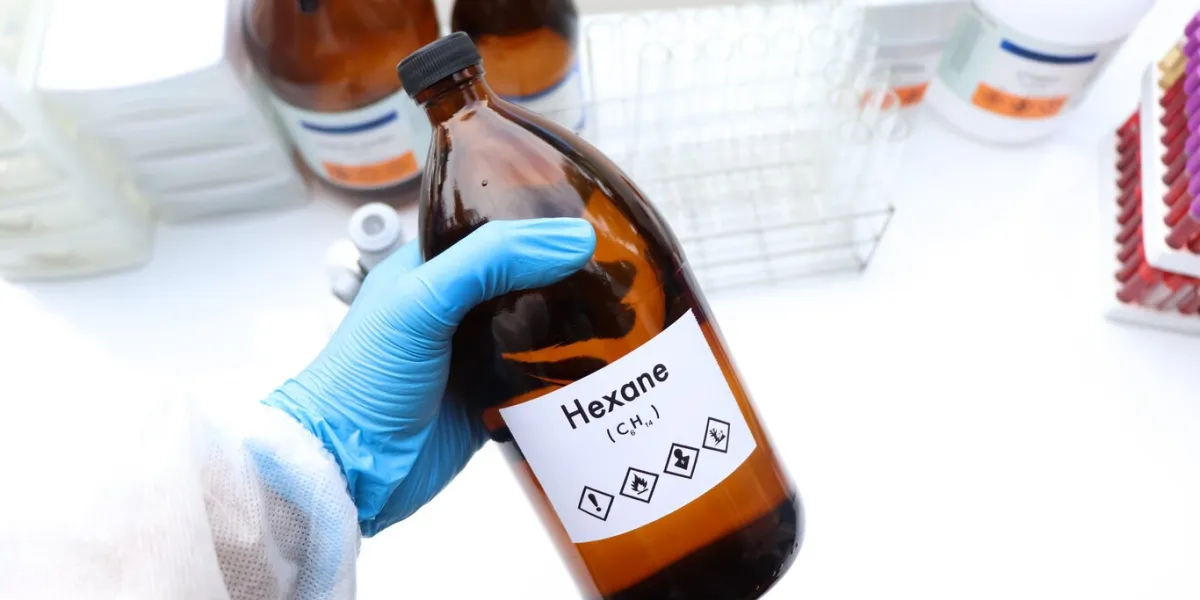 hexane in bottle , chemical in the laboratory and industry, chemical used in the analysis