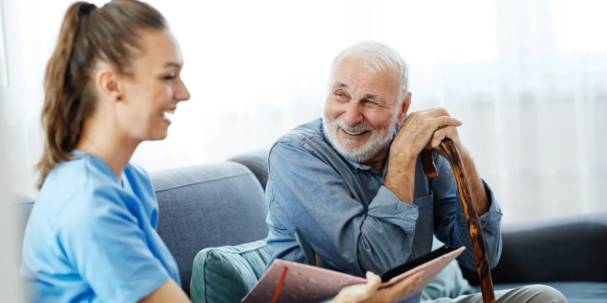 nurse doctor senior care brochure showing caregiver help assistence retirement home nursing elderly man