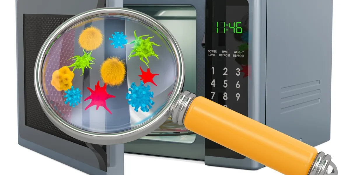microwave oven with germs and bacterias under magnifying glass 3d rendering