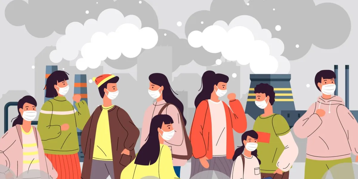 people in city smog man woman in protective face masks walking on street against factory pipes with industrial smog, dust pollution, toxic air harmful environmental, masked person in polluted city