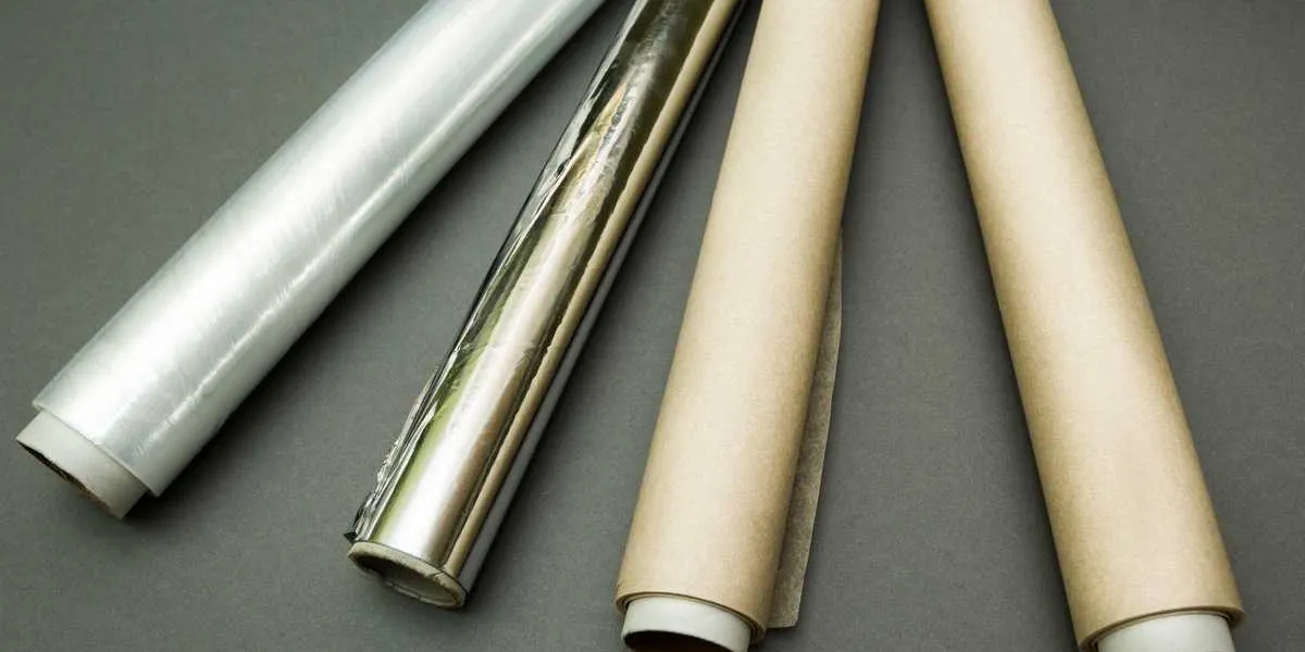 plastic wrap, aluminum foil and roll of parchment paper on grey background