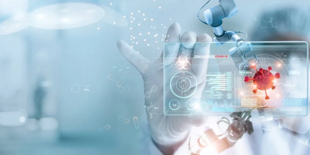 medicine doctor and robotics research and analysis diagnose checking coronavirus or covid-19 testing result with modern virtual screen in laboratory, inhibition of disease outbreaks and medical technology