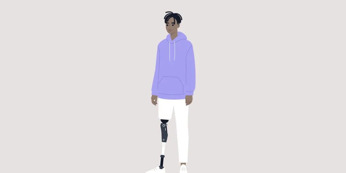 young male black character with a prosthetic leg, modern people with disabilities, new medical technologies, flat editable vector illustration, clip art
