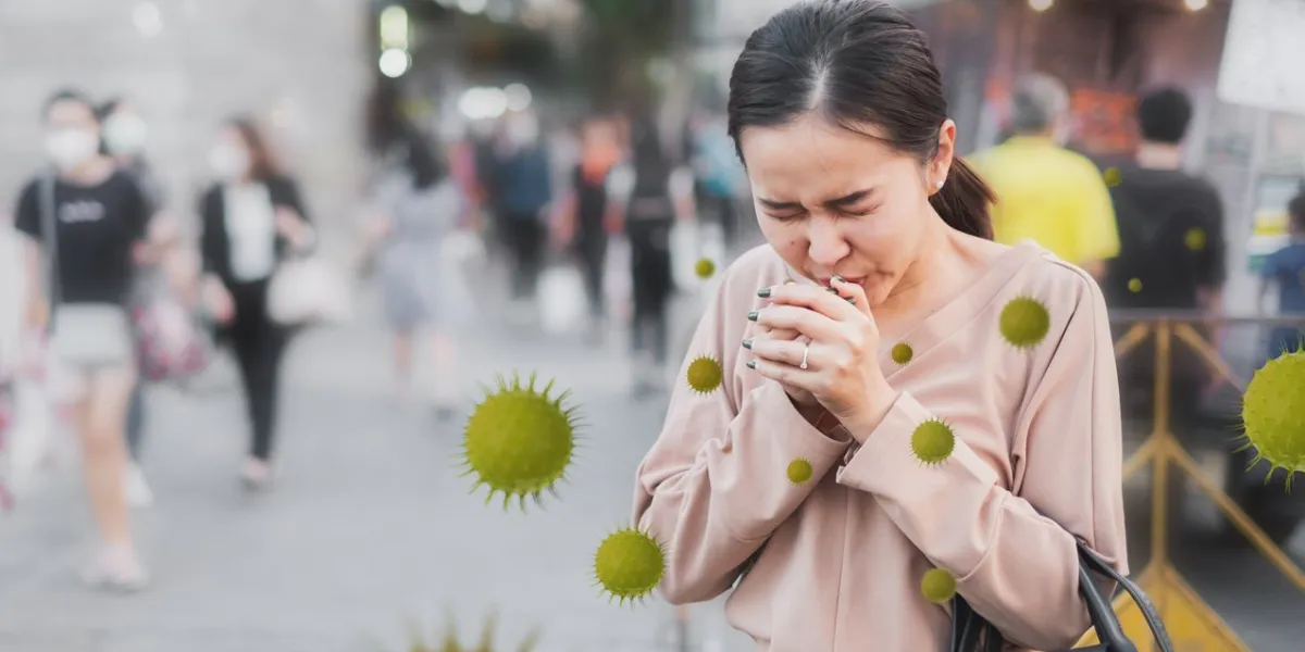 coronavirus covid-19 concept, unhealthy asian woman sneezing and cough without protective face mask, ill, sick, from virus and air pollution pm25