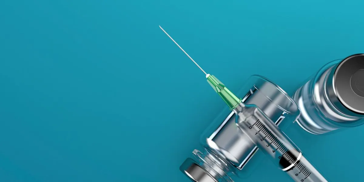 syringe with medical supplies on blue background 3d illustration
