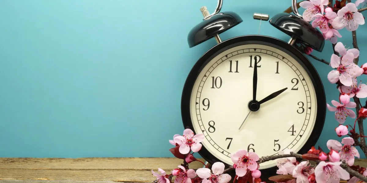 pink blossoms and an alarm clock on an old wooden table
