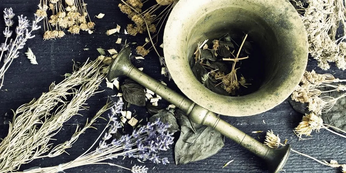 directement ci-dessus coup d'herbes séchées et pilon dans le mortier-ton rétro couleur vintage