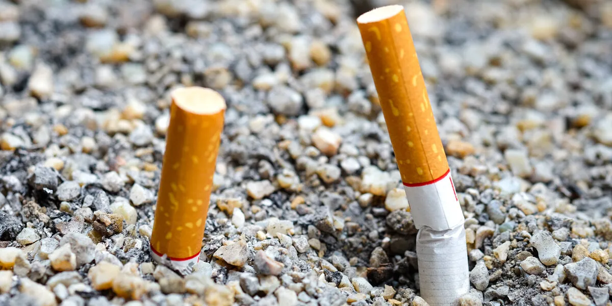 cigarette butts on the sand stop smoking for better health health concept and world no tobacco day