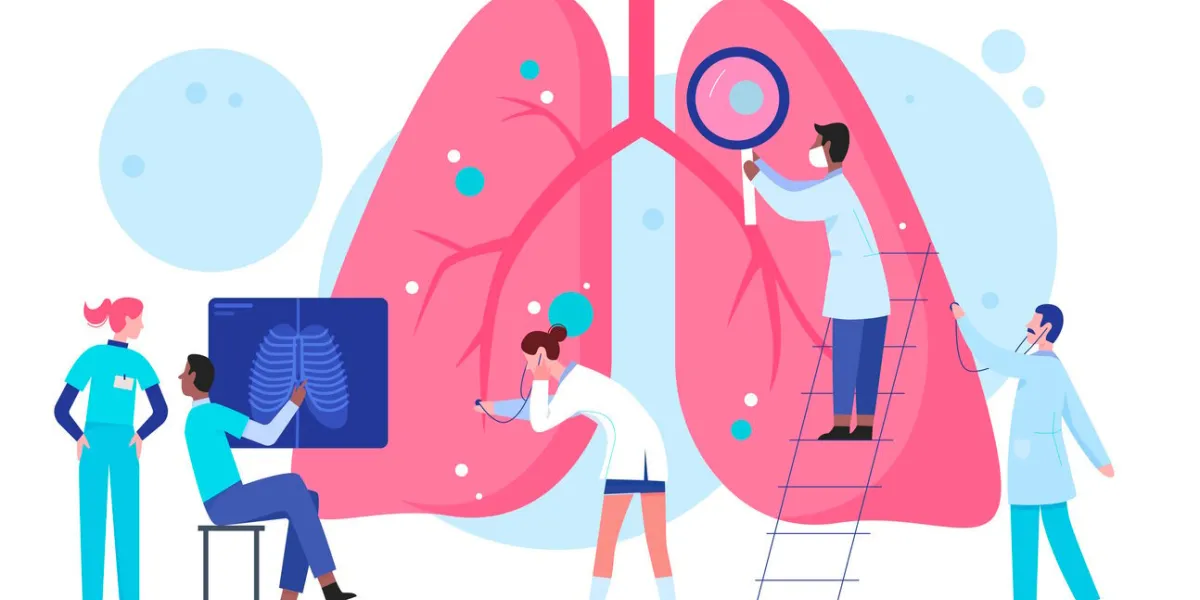 doctors scientists people in laboratory researches lungs organ healthcare medical concept flat vector illustration pulmonology, determine diagnosis, disease treatment internal organ inspection