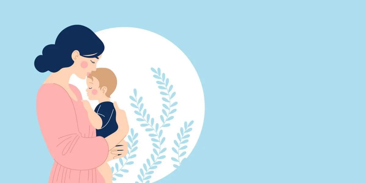 horizontal banner about motherhood with space for text mom hugs baby happy mothers day vector flat illustration