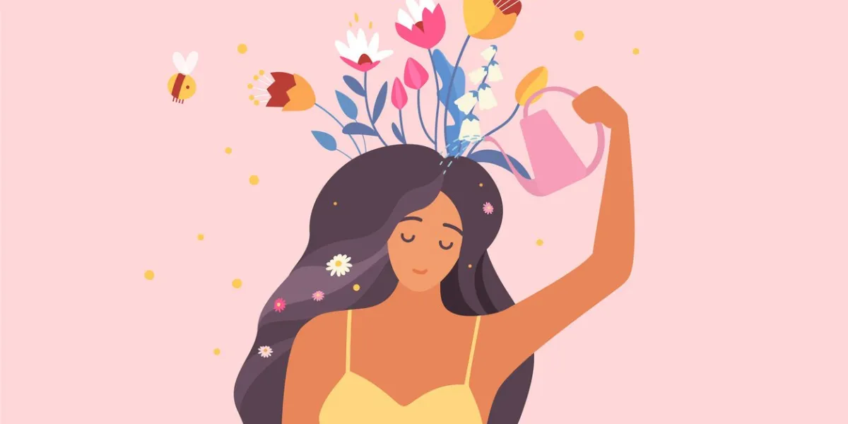 self love, mental health, optimism vector illustration cartoon young happy woman holding watering can to water flowers growing from head, optimistic girl cares about wellbeing and personal growth